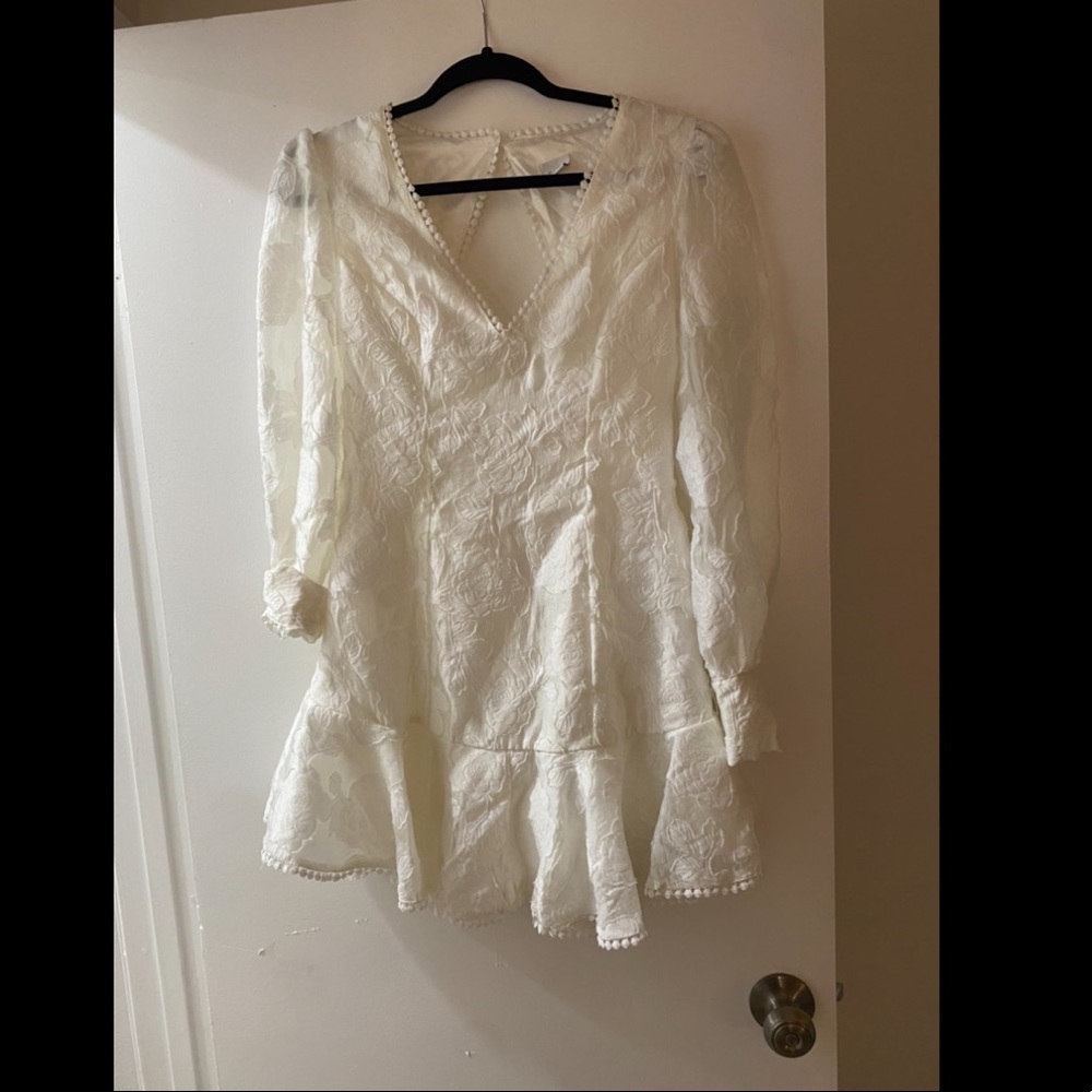 Selfie Lexie jacquard-print white dress, back cut out long sleeve